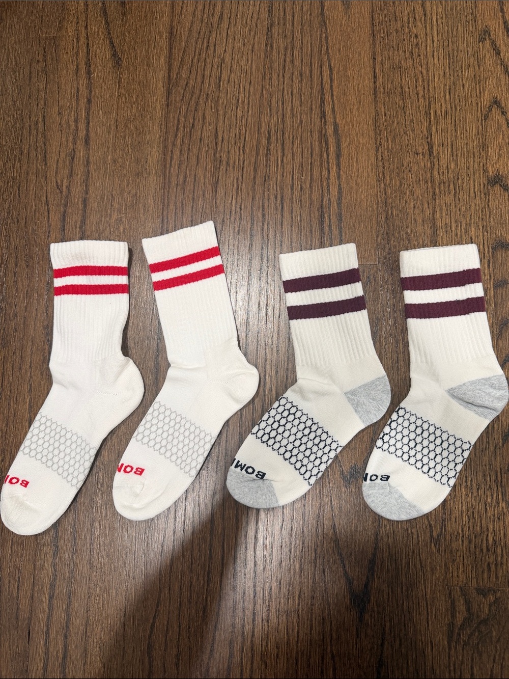 Set of 2 Bombas White Athletic Crew Socks with Red and Burgundy Stripes